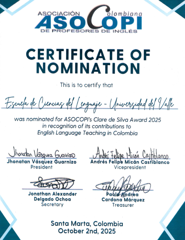 Distinciones por la Asociaci&oacute;n Colombiana de Profesores de Ingl&eacute;s (ASOCOPI)